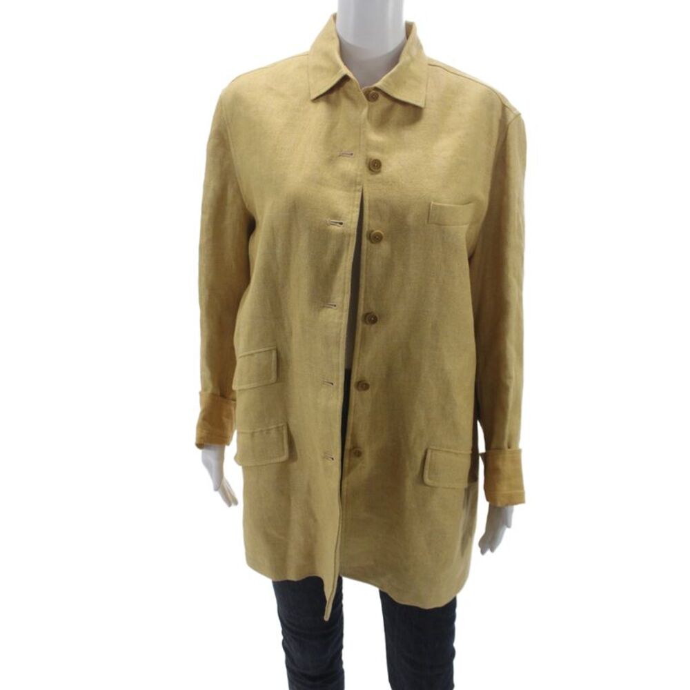 Faconnable Women Yellow Linen Plaid Basic Jacket Button Long Sleeve Size L
